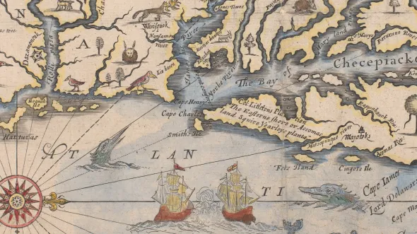Detail of a map showing coastline with two ships and a whale Detail of a map showing coastline with two ships and a whale