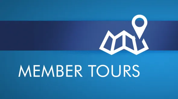 Member Tours white text on blue background with icon of a navigation point on an unfolded map