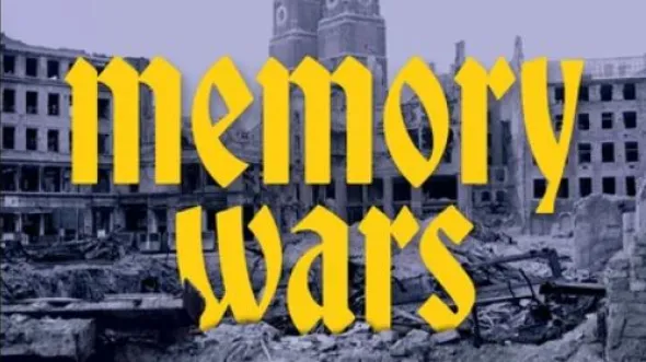 Yellow script text over a dark blue background of partially destroyed buildings reads "Memory Wars"