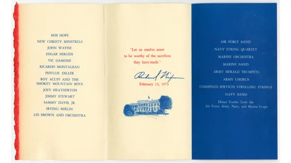 A color photograph of an Invitation and program for the White House Dinner in Honor of Returning Vietnam POWs in 1973. Photo courtesy of Ted Sienicki.