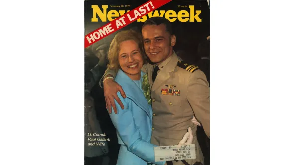 A color photograph of a Newsweek issue from February 26, 1973, featuring Phyllis and Cmdr. Paul Galanti. Courtesy of the Galanti Family.