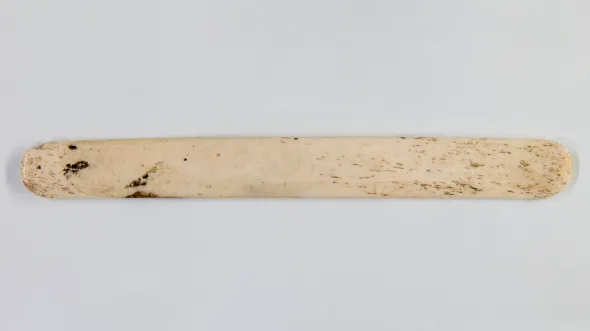 A long, flat, slightly curved ivory-colored object with rounded ends and a smooth surface, showing signs of wear and dark specks. It is a whalebone paper cutter used for opening letters or cutting pages in books.