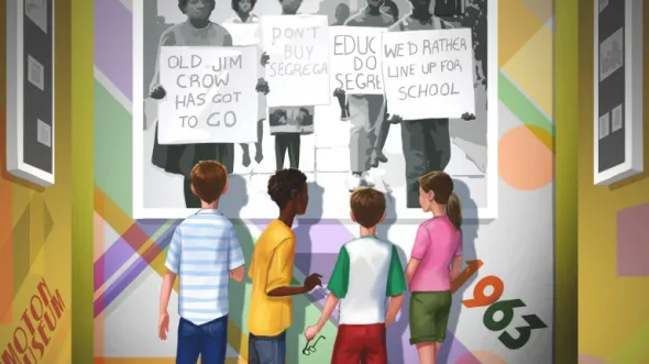 An illustration of children looking at a photograph of protesters