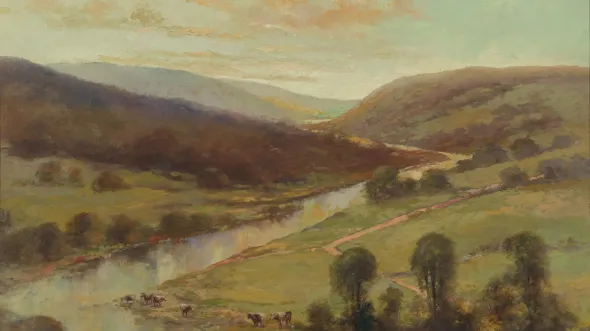 Landscape painting showing rolling hills and a river 