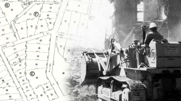 A black and white photo of a bulldozer collaged over a map