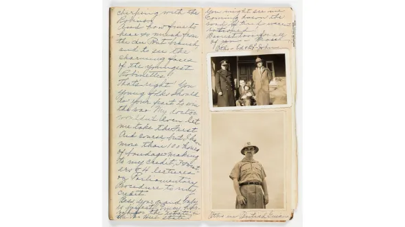A scrapbook page with sepia toned family photos of a group of men and a man in military dress and handwritten letter