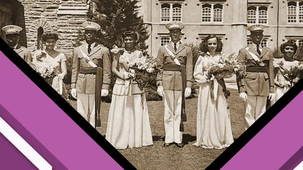 A black and white photo of men in military uniforms and women in long dresses holding bouquets