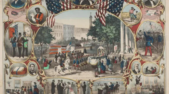 Color drawing depicting many scenes representing the Fifteenth Amendment