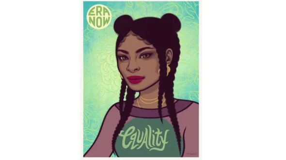 An illustration of a woman with braids wearing a shirt that says Equality. The ERA Now logo is in the upper left corner