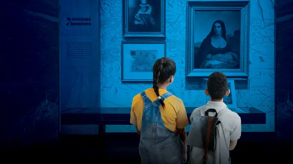 Your History Museum, Your Story Two children with backpacks look at paintings in a gallery. Text above them reads: Your History Museum, Your Story