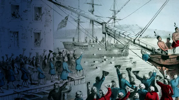 An illustration with a blue overlay of colonists cheering on a dock as boxes of tea are dumped overboard into Boston Harbour.