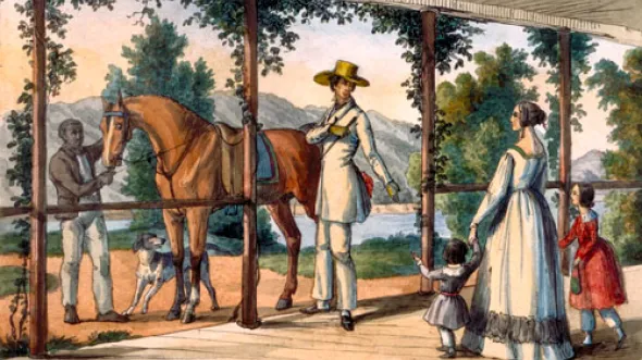 A painting of people in colonial dress with a horse