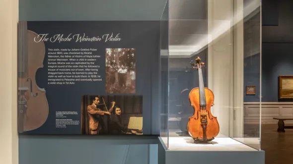 A gallery label and violin in display case
