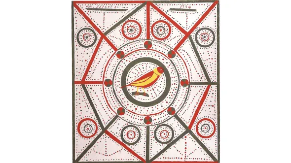 Folk art of a geometric red and gray pattern with a red and yellow bird in the middle