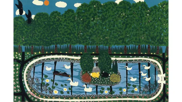 An painting of an aerial view of a lake with swans, surrounded by trees and a clouded sunny sky