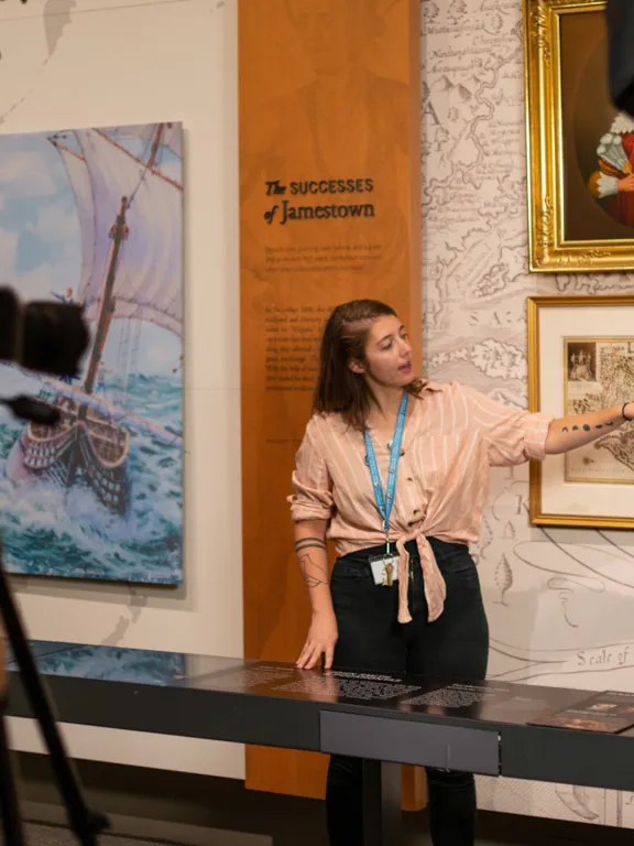 Education staff in a gallery at the VMHC recording a virtual tour