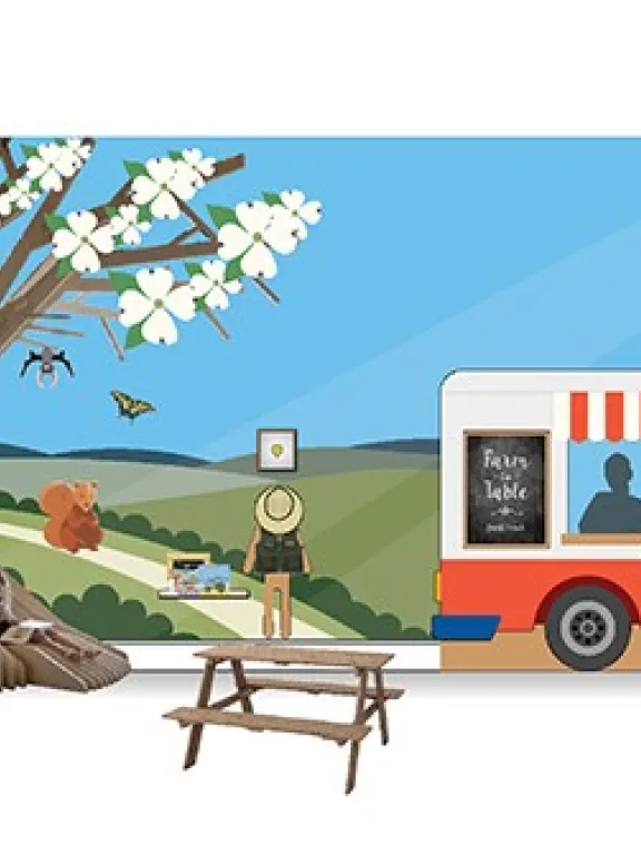 An illustration of a gallery space with a large flowering tree, food truck, benches, and activity station