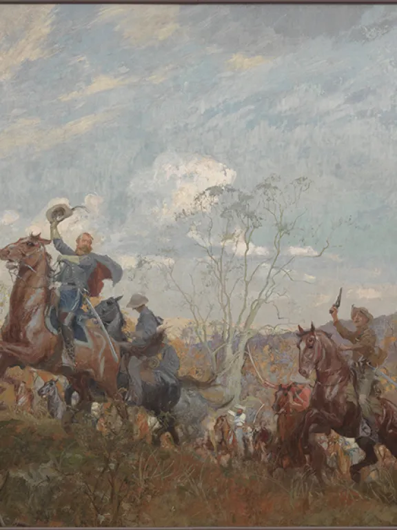 A mural of Confederate soliders on horseback in an autumn landscape of hillside and trees