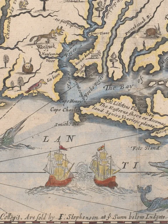 Detail of a map showing coastline with two ships and a whale