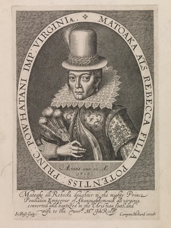 An engraving of Pocahontas in Colonial British dress