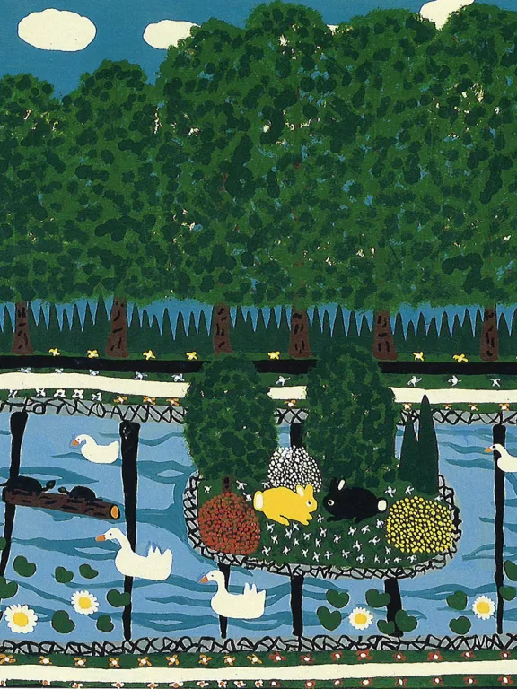 An painting of an aerial view of a lake with swans, surrounded by trees and a clouded sunny sky
