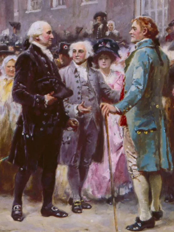 Painting of George Washington among a throng of people at his inauguration