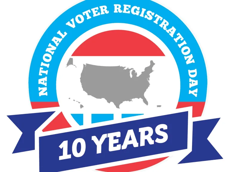 A red, white, light blue, and dark blue circular logo shows a gray outline of the US surrounded by the words: National Voter Registration Day: 10 Years