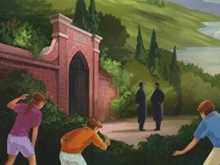 An illustration of three children hiding behind bushes, watching to people in the distance outside of a large gate.