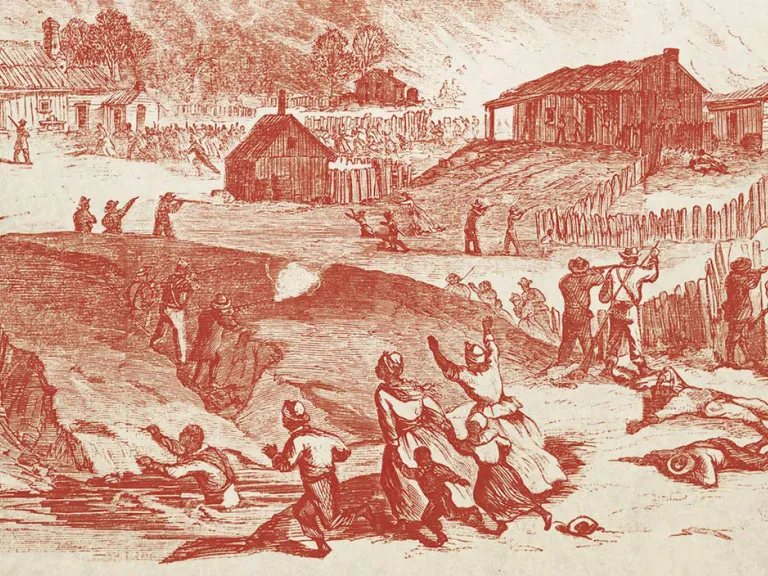 A sepia illustration of houses being burned and poeple in the foreground crying out while soldiers battle