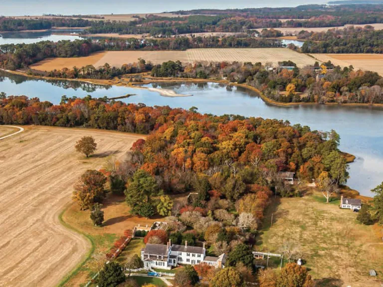 An aerial view of the Eyre Hall and the Virginia countryside in autumn