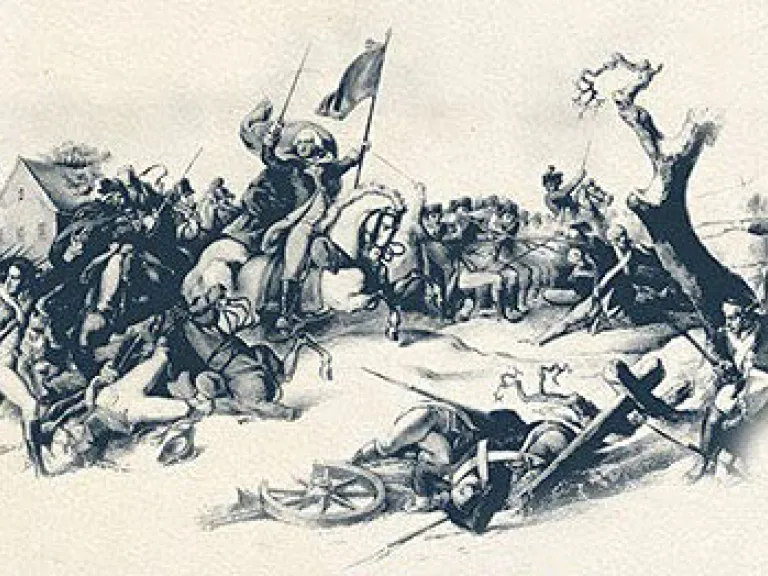 A blue ink illustration of a colonial battle