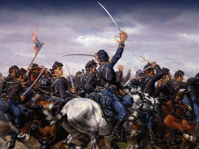 An illustration of a Civil War battle on horseback