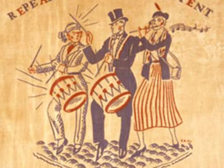 an illustration in red, white, and blue of three figures playing drums and a flute