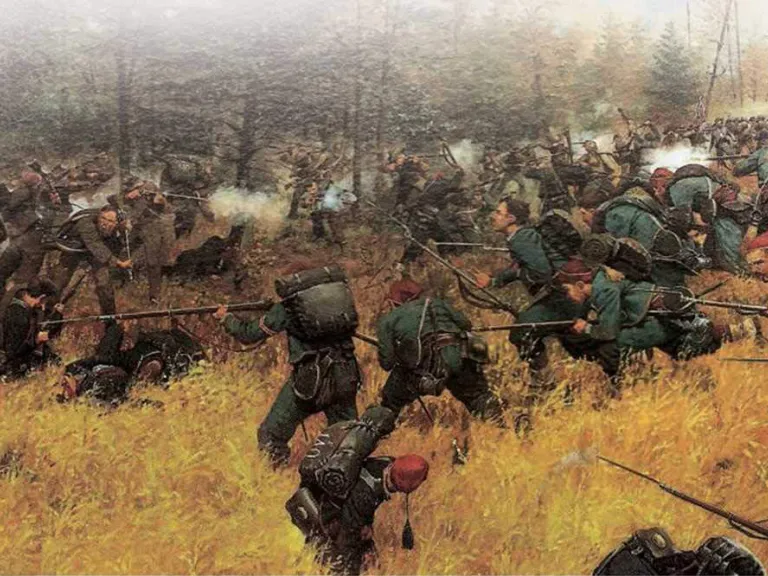 An illustration of a Civil War battle with soliders in a field.