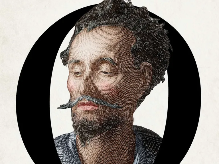 An illustration of a man with a mustache and beard inside the letter O