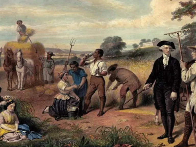 An illustration of people working in a hay field in colonial dress