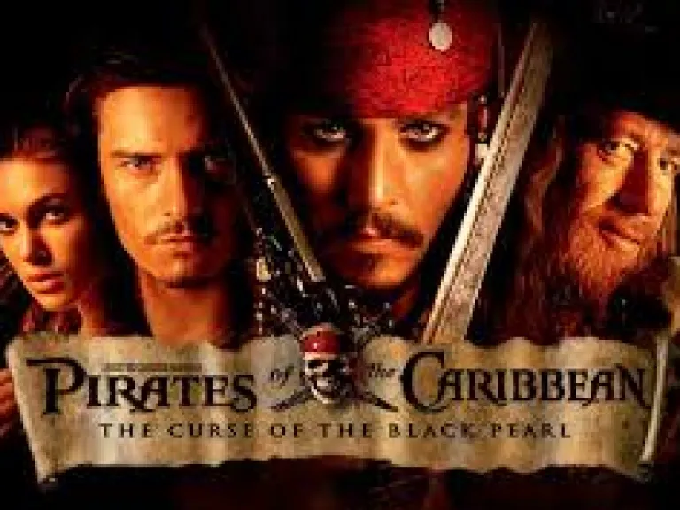 Movie poster for Pirates of the Caribbean: 3 men and a woman look serious