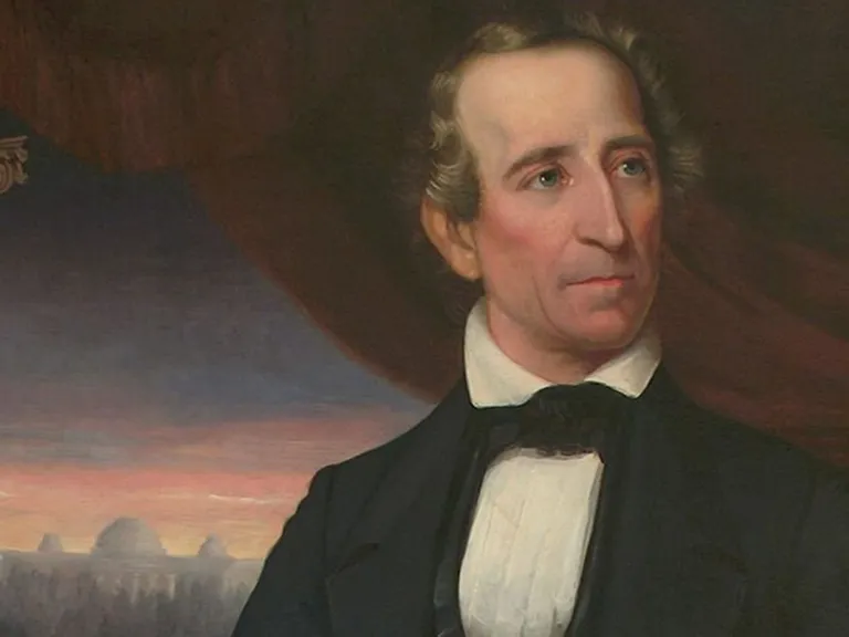 A painting of a John Tyler in a suit, seated in a red chair with a drape behind him