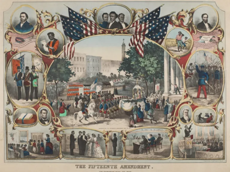 Color drawing depicting many scenes representing the Fifteenth Amendment