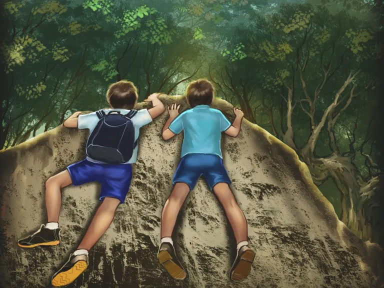 Two children climb a hillside
