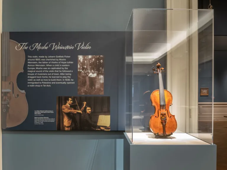 A gallery label and violin in display case