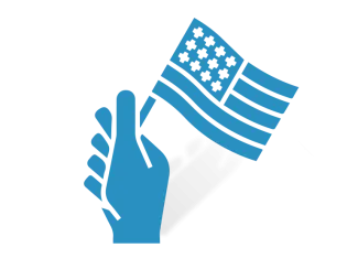 A blue icon of a hand waving a small American flag