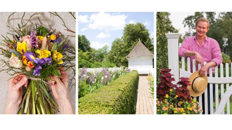 Three photos, one of two hands tie a bouquet of wildflowers with ribbon; another of a small white house with a brick walkway, hedge and purple flowers; and another of P Allen Smith holding a straw hat and leaning against a white picket garden gate.