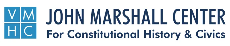 John Marshall Center for Constitutional History & Civics logo - blue text with a light blue logo for the Virginia Museum of History & Culture (VMHC) next to it