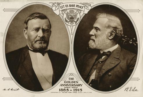 Image showing two oval portraits of Robert E. Lee and Ulysses S. Grant with the text “Let Us Have Peace” placed above, and the text “The Golden Anniversary, April Ninth, 1865-1915" placed below.