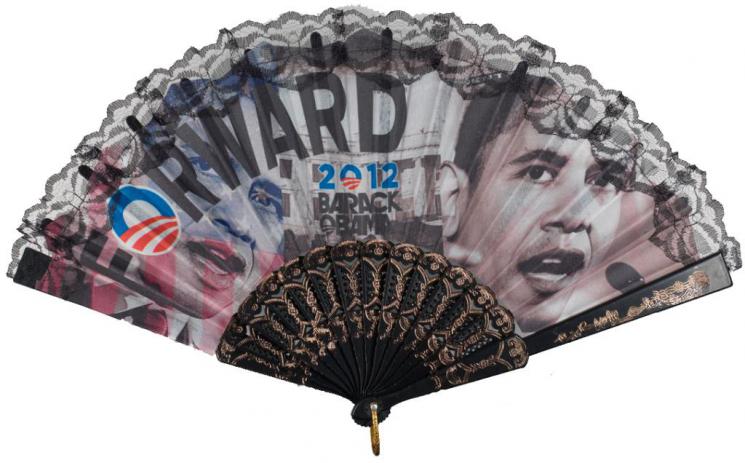  Extended fan with a black and white photograph of Barak Obama and campaign sign detailing.”  