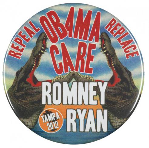  Button with a cartoon image of two alligators with their mouths open around the text “OBAMA CARE,” with the words, “REPEAL, REPLACE” above and “ROMNEY RYAN / TAMPA 2012” below. 
