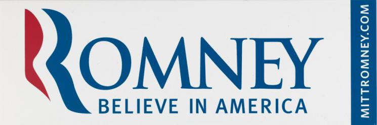 White bumper sticker with blue text saying, “ROMNEY / BELIEVE IN AMERICA / MITTROMNEY.COM.”