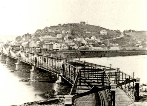 Black white photograph of the Baltimore & Ohio Railroad bridge at Harpers Ferry, Virginia  
