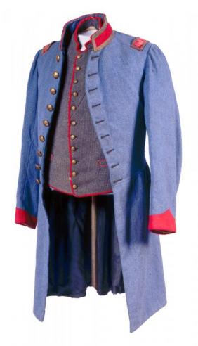 Vest (Accession no. 1992.140.24), FrockCoat (Accession no.1992.140.26), Forage Cap (Accession no. 1992.140.23.a), Sash (Accession no. 1992.140.18), and Camp Chest (Accession no. 1992.140.17) Belonging to Charles Ellis Munford, c. 1862 (Virginia Historical Society, gift of A. Churchill Young, III; VHS accession numbers: 1992.140.24 and 26)) Grey Vest and Blue Frock Coat with Red Trim and Gold Buttons belonging to Charles Ellis Munford, c. 1862